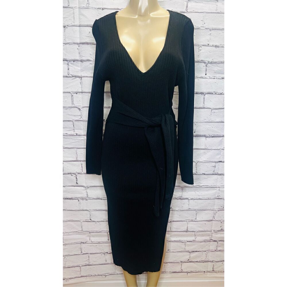 Good American Womens Black Ribbed Tie Waist Long Sleeve Sweater Dress Sz 4 NWOT